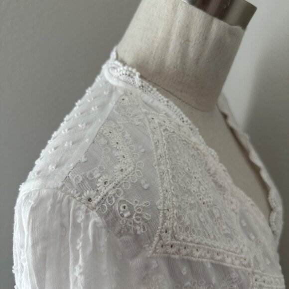 Zara White Swiss Dot Long-Sleeve Embroidered Boho Mini Dress Intricate Lace S - Picture 6 of 14